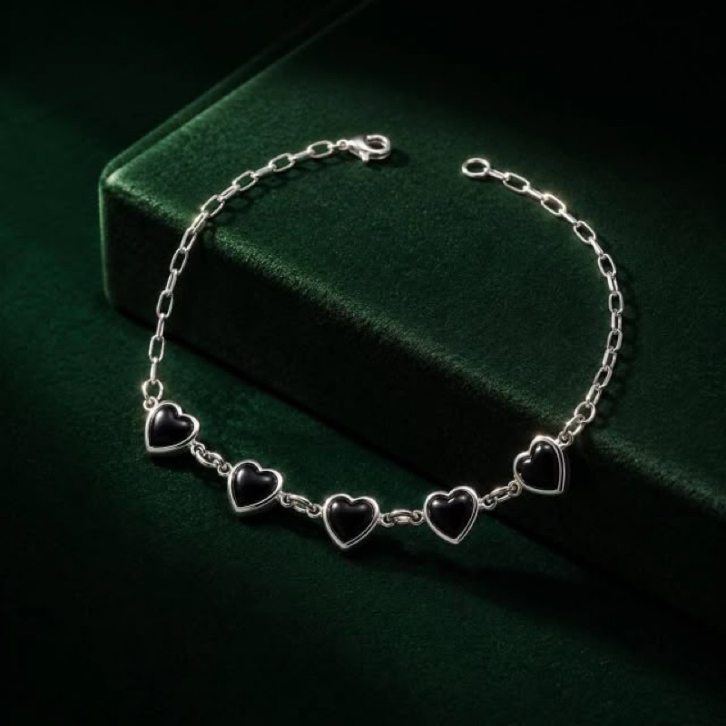 Pulseira Prata 925 Legítima Corações Pretos