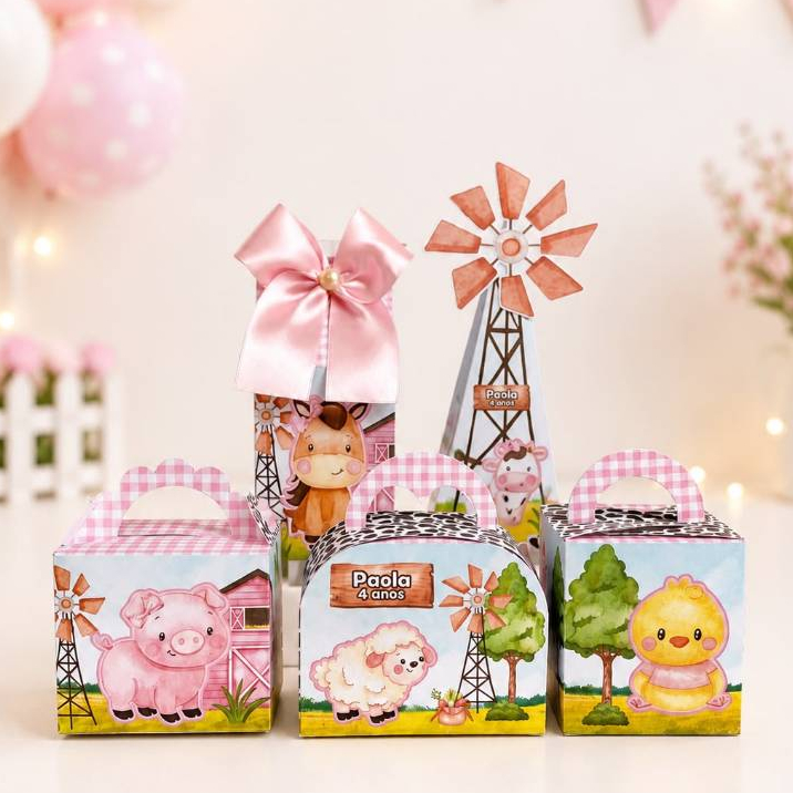Kit 15 Caixa Personalizados Fazendinha Rosa Lembrancinha - Caixinha Personalizada