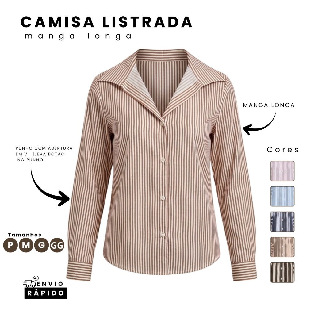 Camisa Social Feminina Listrada Manga Longa Crepe Premium Blusa Elegante e Confortável