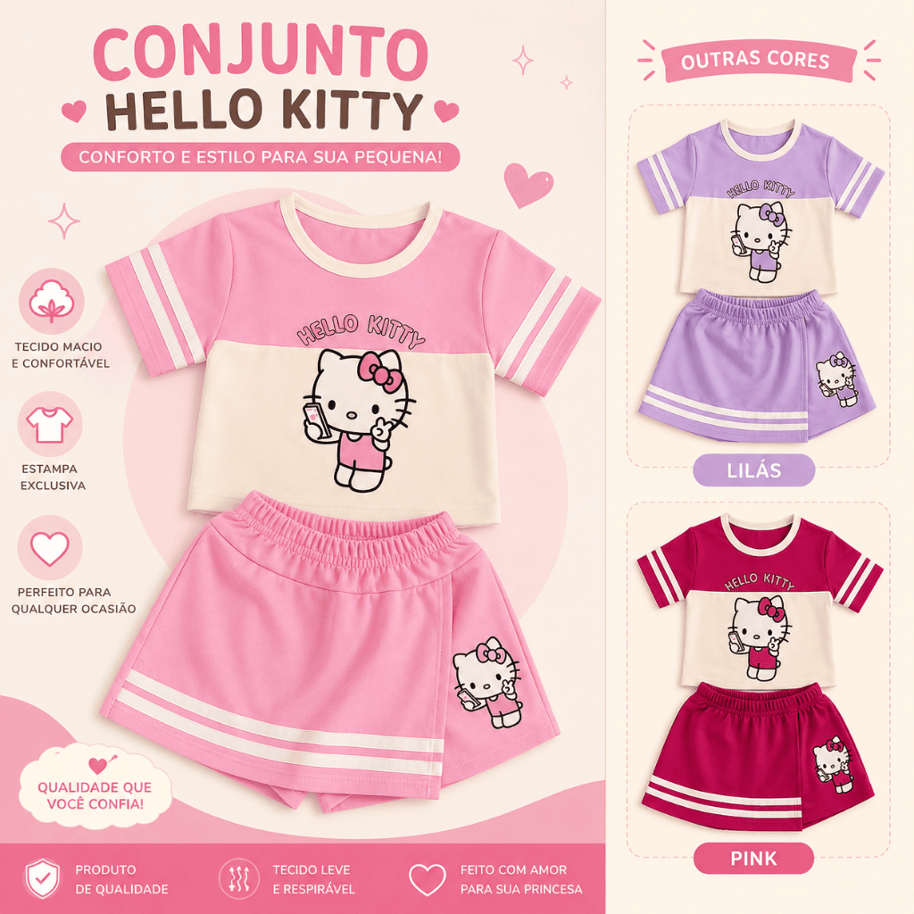 Conjunto Infantil Feminino Short Saia em Moletinho Hello Kitty – Confortável e Estiloso - Moda Femenina - Moda Infantil