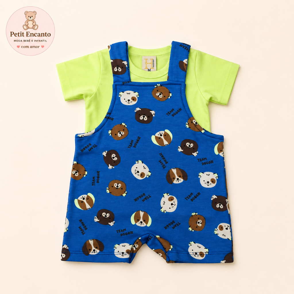 Conjunto Jardineira Infantil Menino Azul Cachorrinhos + Camiseta Verde | Conjunto Bebê Confortável | Bradinhos