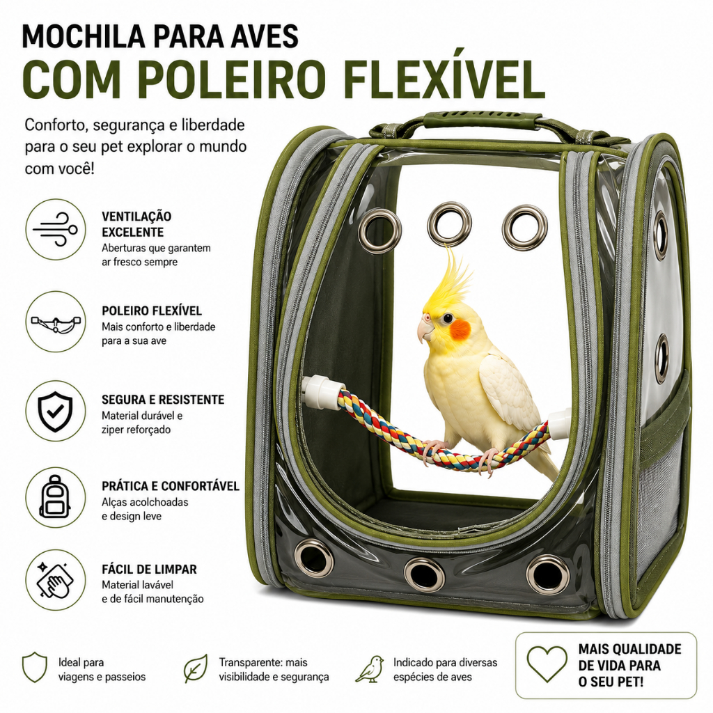 Bolsa Mochila Transporte para Pássaros Visor em Vinil Com 2 Poleiros Calopsita Pequenas Aves