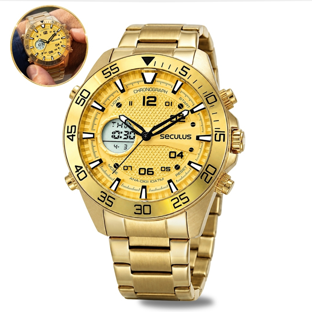 Relógio Seculus Masculino De Pulso Anadigi Dourado Quartz Em Aço Inox Brilha No Escuro Prova d'água 100 Metros Original