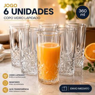 Conjunto Kit Jogo de 6 Copos Vidro Lapidado 360ml 14x7cm Grosso Grande Clear Ônix Bebidas Sucos Água