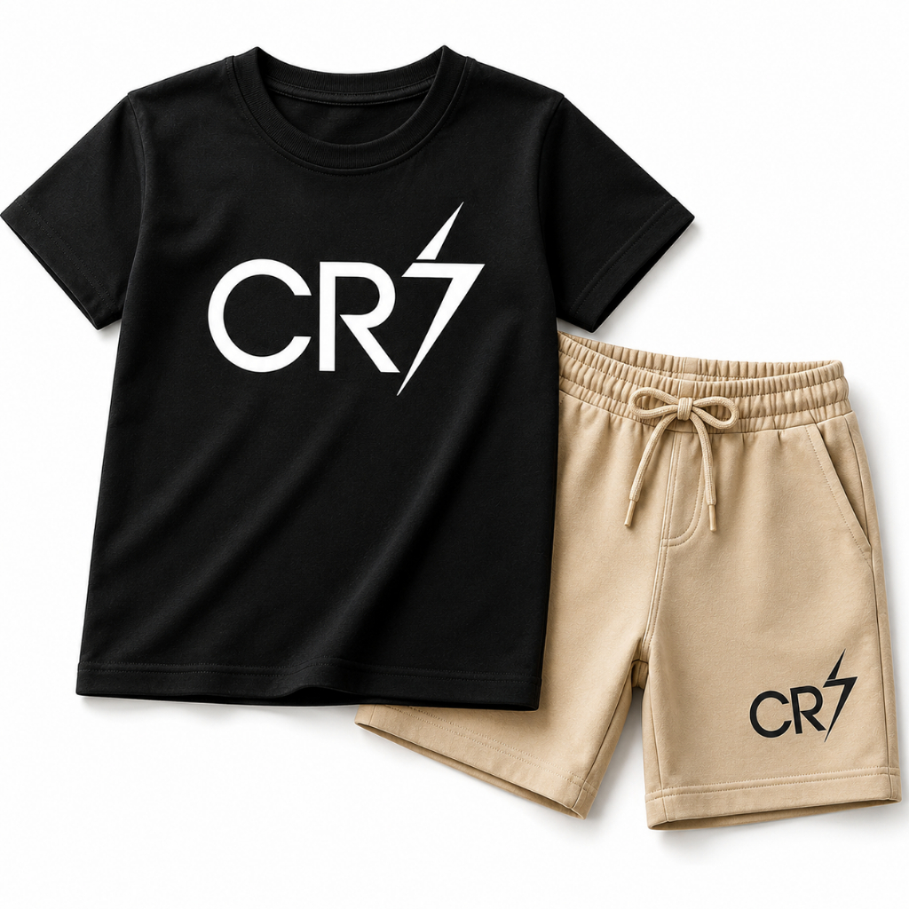 Conjunto Infantil Masculino CR7 Futebol Camiseta 100% Algodão e BermudaMoletinh Kit Menino Esportivo