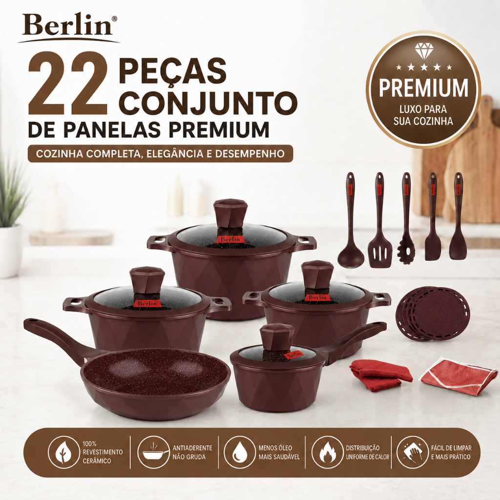 Jogo De Panelas Para Indução E Gás Antiaderente Cerâmica Berlin 22 Peças Luxo Com Tampa De Vidro E Utensílios De Cozinha
