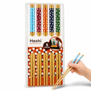 Kit 5 Pares Hashi Bambu 24cm Reutilizável Palitos Estampa Japones