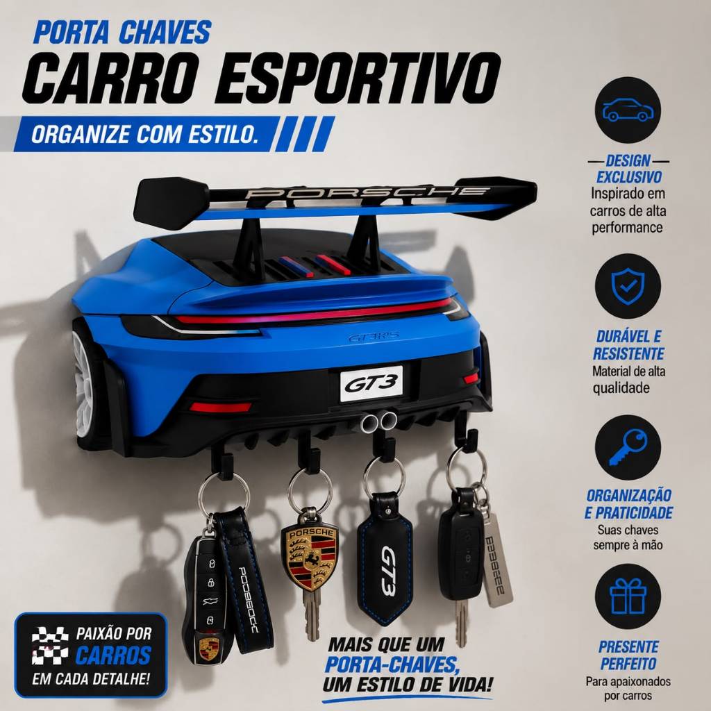 🟀 Porta Chaves Carro Esportivo GT3 – Decoração Automotiva Premium para Garagem, Quarto ou Escritório