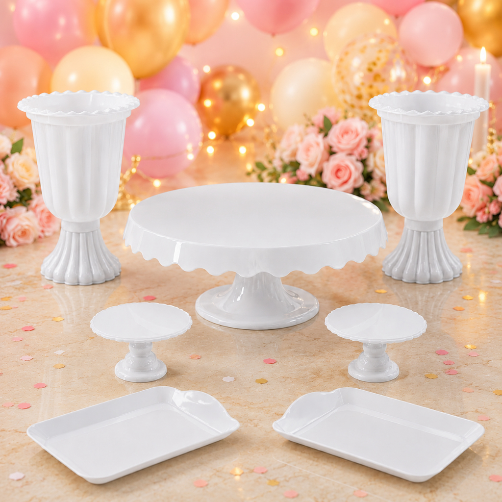Kit Decoração Festa 7 Peças Boleira 25cm Vasos Bandejas Mini Boleiras Branco