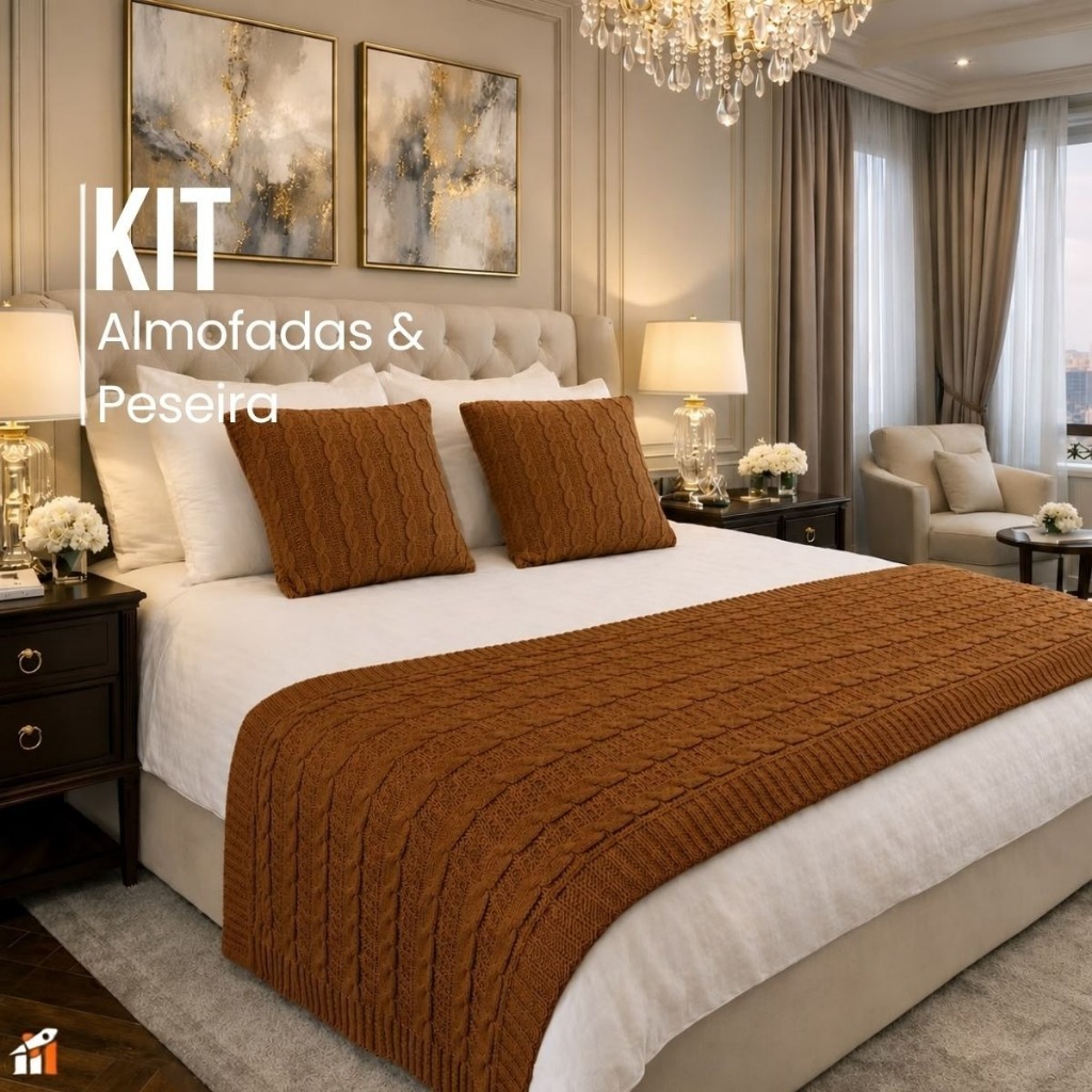 Kit Peseira para Cama com 2 Capas de Almofada Tricô Luxo Decorativo Casal Queen Elegante