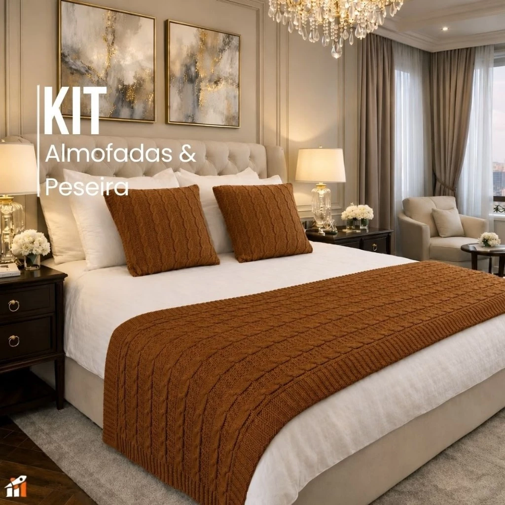 Kit Peseira para Cama com 2 Capas de Almofada Tricô Luxo Decorativo Casal Queen Elegante — imagem 1