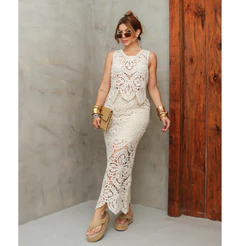 Conjunto Feminino Saida de Praia Crochê Vazado Blusa Regata e Saia Longa Verão SD4099