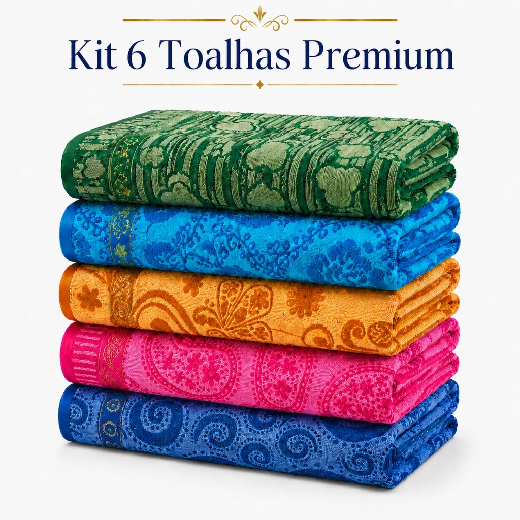 Kit 6 Toalhas de Banho Premium Estampadas 70x140 Banheiro Hotel Toque Macio Alta Absorção Cores Sortidas