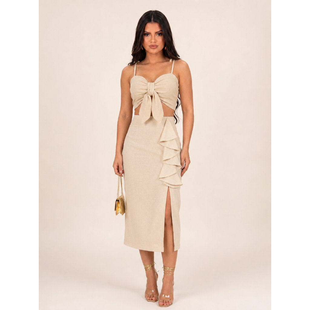 Saia Midi Feminina em Linho Forrada com Babado e Fenda Lateral Cintura Alta Elegante M ao GG