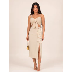 Saia Midi Feminina em Linho Forrada com Babado e Fenda Lateral Cintura Alta Elegante M ao GG