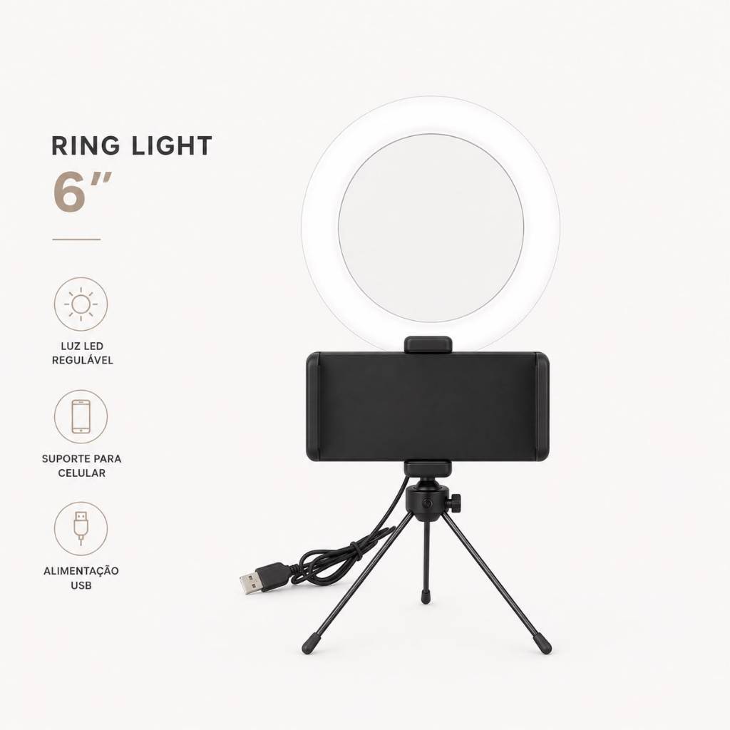 Ring Light 6 Polegadas Portátil Iluminação LED Maquiagem Vídeos Lives Selfie Fácil Montagem Premium