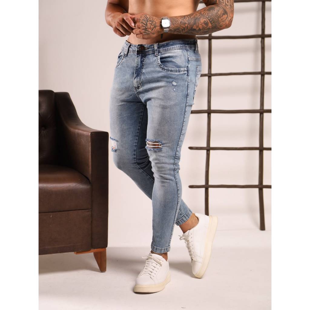 Calça Masculina Skinny Jogador Jeans Destroyed com Lycra a Pronta Entrega