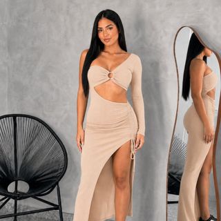 Vestido Argola Ombro Unico com  Fenda Moda Feminina