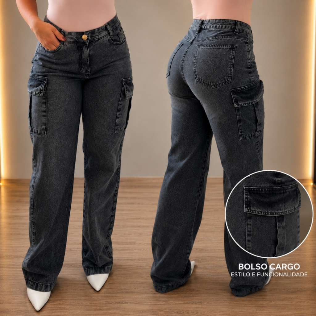 Calça Jeans Pantalona Feminina Cargo Wide Leg Cintura Alta Com Bolsos