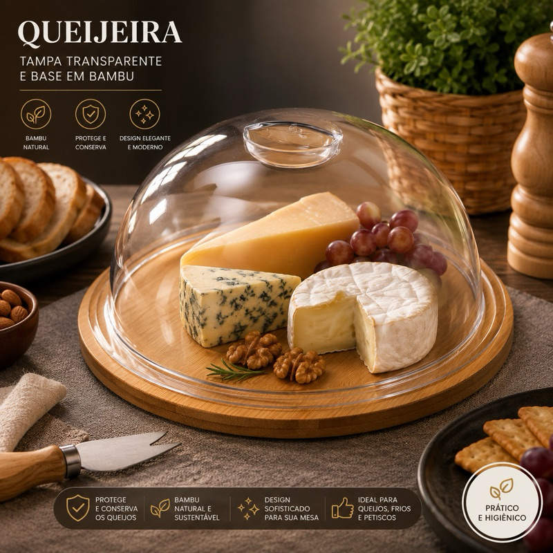 Queijeira Redonda |Boleira Porta Bolo com Tampa Acrílica e Base de Bambu| Porta Torta, Doces e Pães