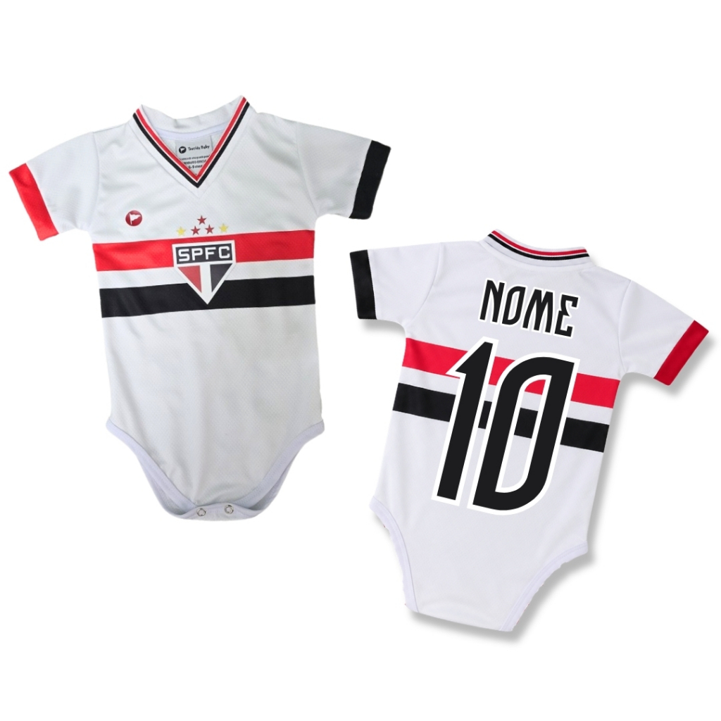Body Bebê São Paulo Oficial e Personalizado Proteção UV Premium Faixa Branco e Vermelho Menino Menina - Torcida Baby
