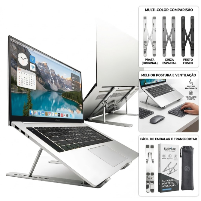 Suporte Para Notebook Alumínio Ajustável Dobrável Ergonômico Universal 14 a 17.3 Polegadas
