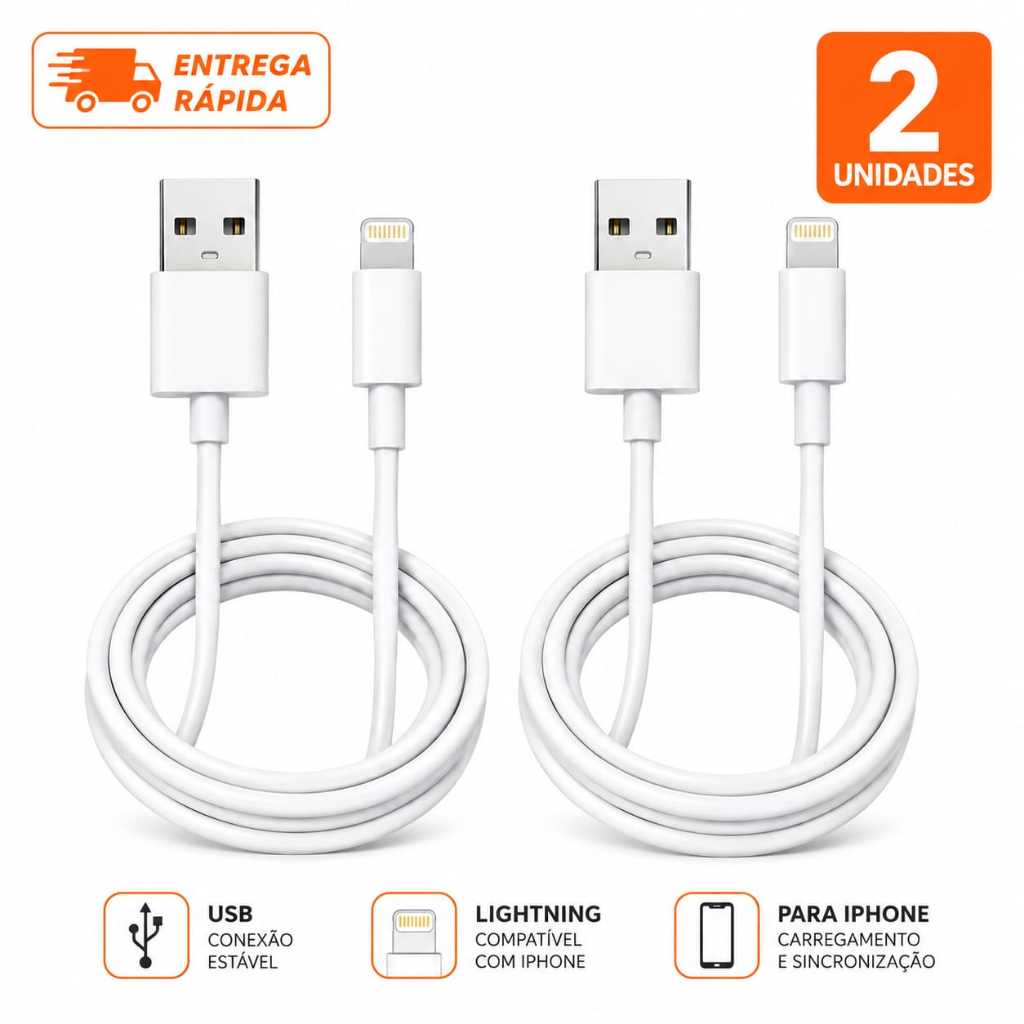 Kit 2 Cabos iPhone Lightning USB Carregador Compatível  iPad iOS Resistente Carregamento Rápido Turbo 1 Metro Branco