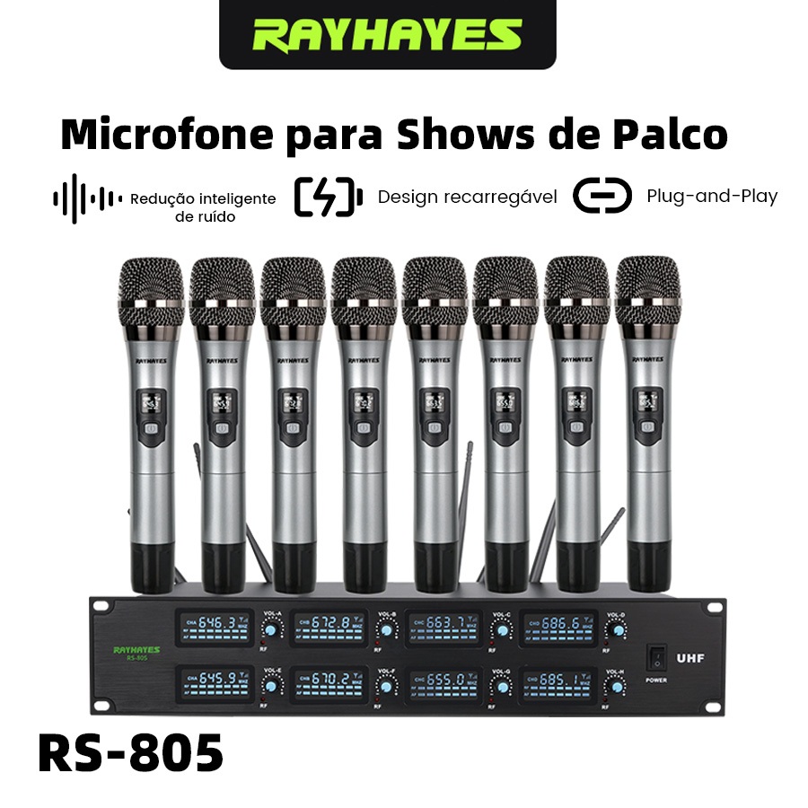 Microfone Sem Fio UHF Profissional 8 Canais Receptor Estável para Igreja Reunião Palestra Show Karaokê Rayhayes RS-805
