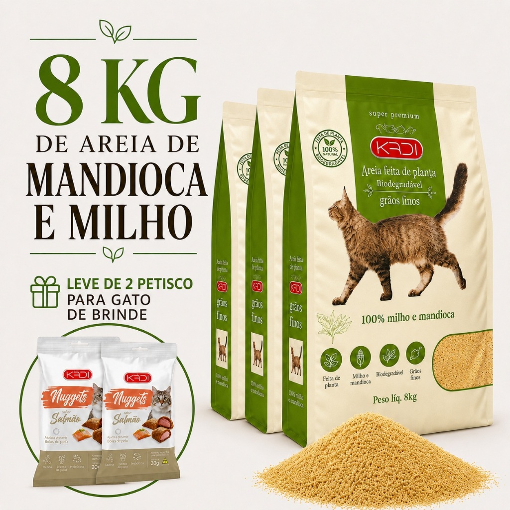 Areia Higiênica Natural Biodegradável de Grãos Finos de Milho e Mandioca para Gatos Kadi 8 kg