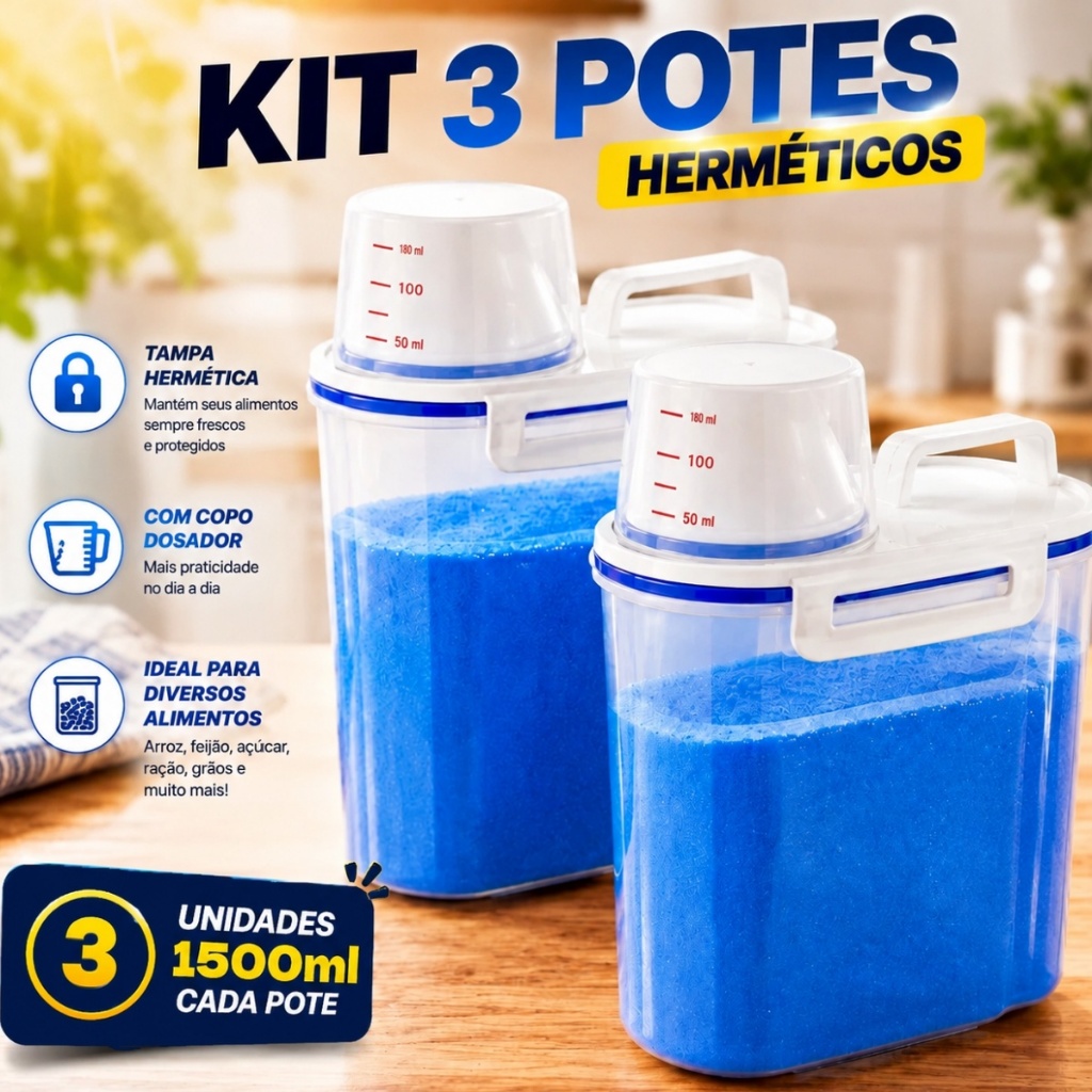 Pote Porta Sabão Pó Liquido Amaciante Dispenser Hermético 1.5L Copo Medidor Organizador Alimentos Grãos Dosadores