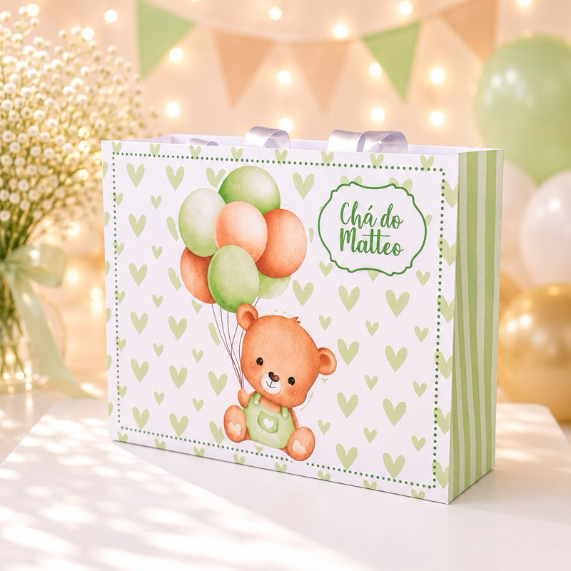 Sacolinha Sacola Personalizada | Chá de bebe | Lembrancinha aniversario Ursinho Verde bebe