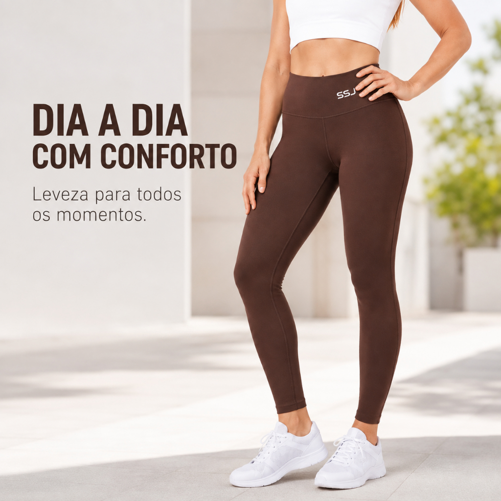 Calça Legging Fitness Feminina SSJ Poliamida Premium Cintura Alta Zero Transparência Café Academia Compressão Treino