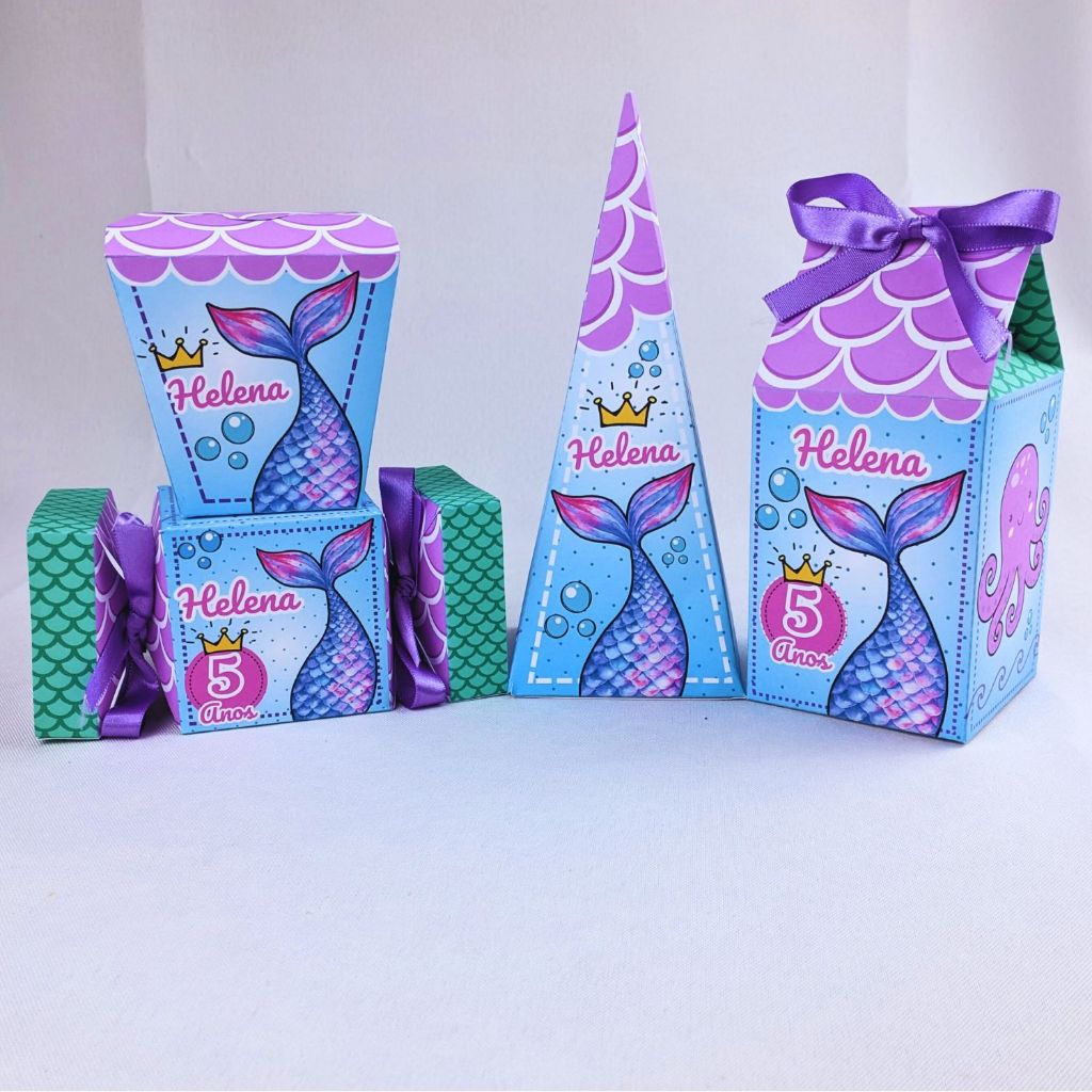 Kit 20 a 50 Caixinhas Calda Sereia Bala Milk Pirâmide e Sushi Personalizados de Papel Offset 180g Sem Lacinhos
