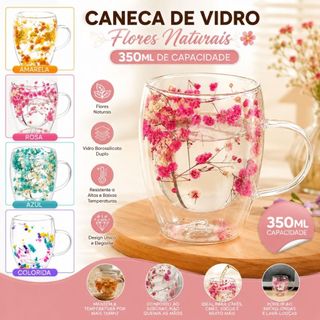 Xícara Caneca de Vidro Dupla Camada 350ml com Flor Seca Caneca Premium Transparente Duhome