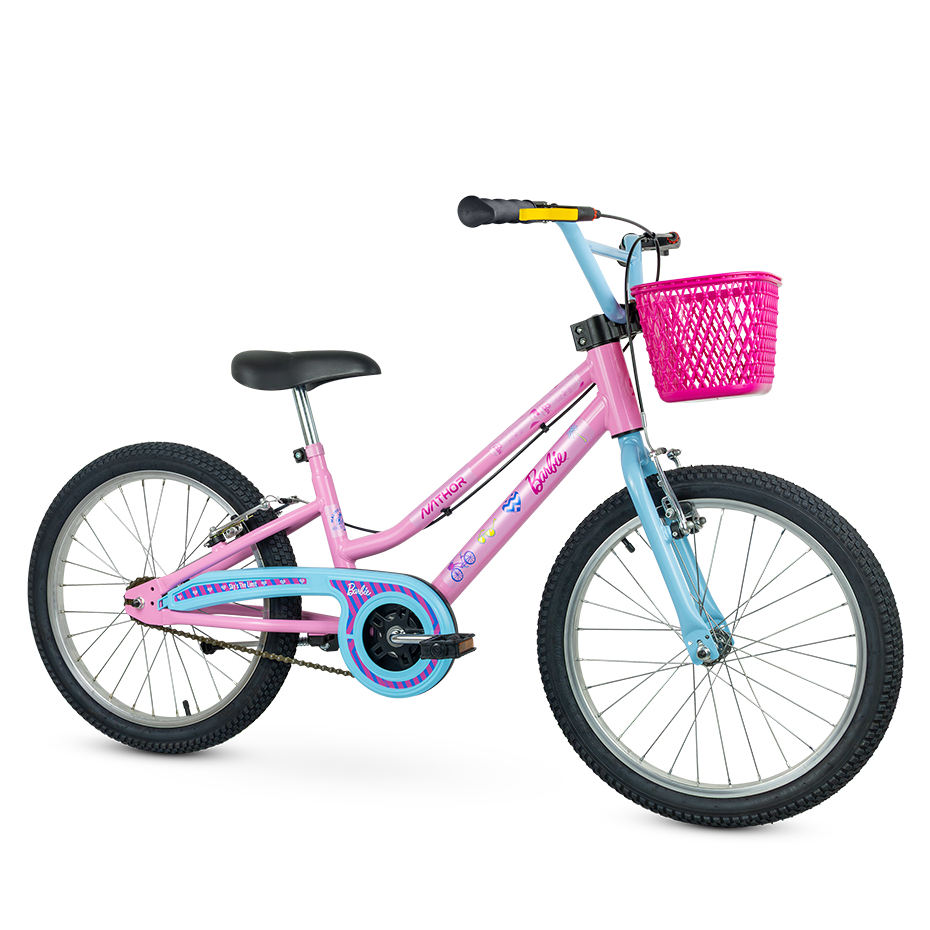 Bicicleta Infantil Aro 20 Barbie Mattel Rosa e Azul C/ Cestinho suporta até 70kg Freios V-Brake Nathor C/ pezinho