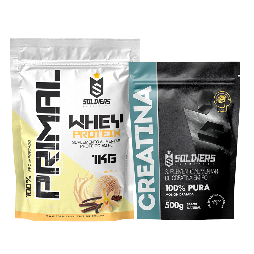 Kit: Whey Protein Primal 1kg + Creatina 500g Soldiers Nutrition Força Performance Suplemento Aminoácido 