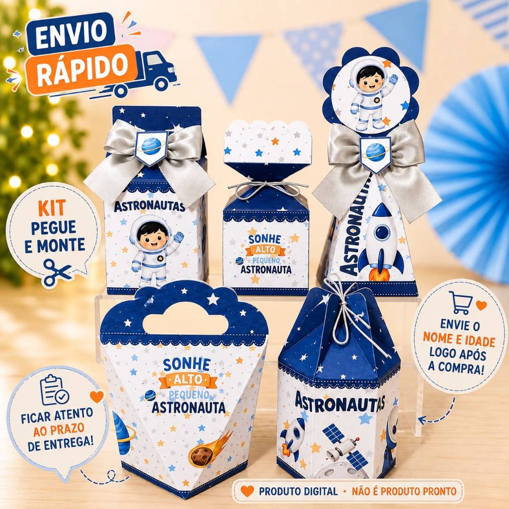 kit Caixinhas Personalizadas para Festa ASTRONAUTAS Lembrancinhas de Aniversário DESMONTADO.