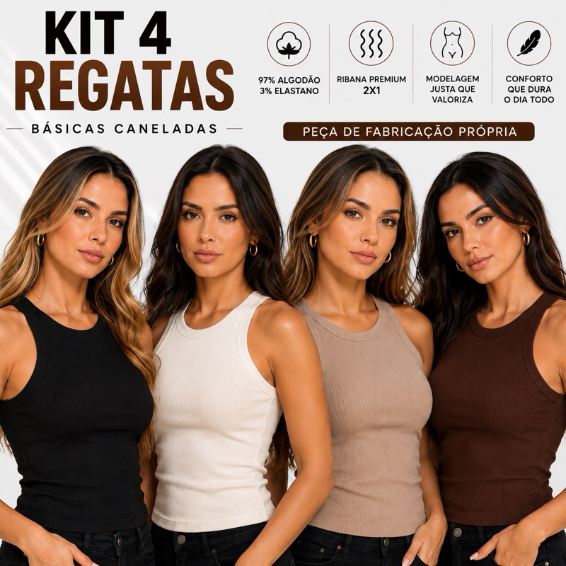 Kit 4 Blusa Regata Feminina Canelada Algodão Premium Confortável Ideal Academia lisa Básica Casual
