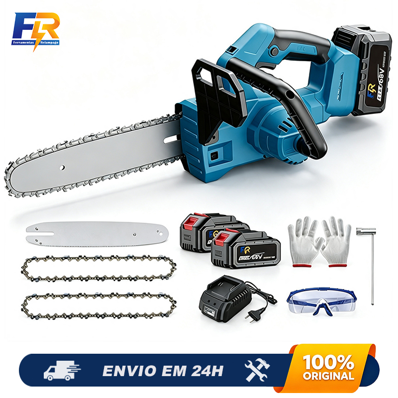 Motosserra Sem Fio Brushless 12" 68V 1500W Alta Potência com 2 Baterias Jardinagem Corte Madeira