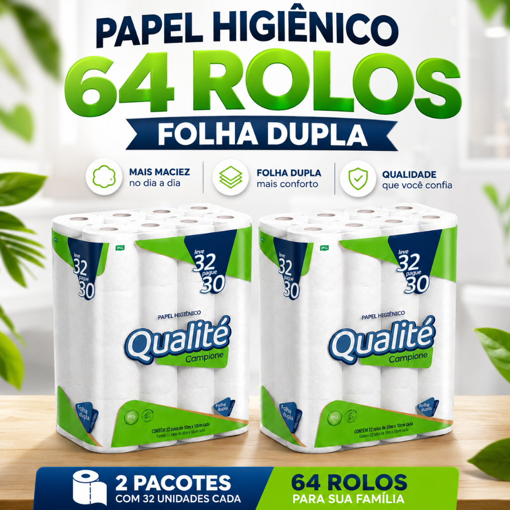 Papel Higiênico 64 Rolos Com 30m Cada do Folha Dupla Qualité Campione