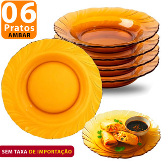 Kit Jogo 06 Pratos Fundos 22cm Cor Ambar solar Importado Vidro Alta Resistencia Semelhante a Duralex