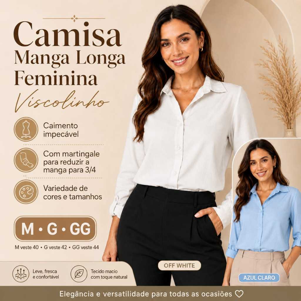 Camisa Feminina Elegante Viscolinho Soltinha Manga Longa Casual Chic Trabalho Confortável Tendência