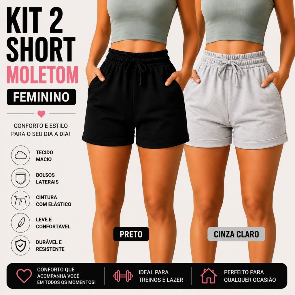 KIT 2 Short cargo Feminino Moletom Moletinho / Shortinho Confortável Soltinho Algodão com bolso liso