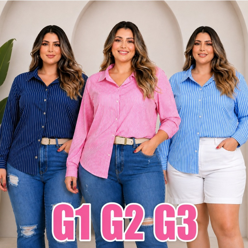 camisa   listrada xadrez moda plus size feminina elegantes g1 g2 g3 tecido duna premium elegante