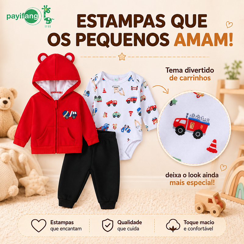 Conjunto Infantil Payifang 3 Peças Jaqueta com Orelhinhas Body Estampado e Calça 60% Algodão