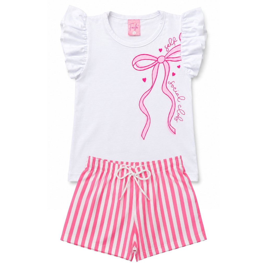 Conjunto Infantil Verão Feminino Laço Rosa - Branco