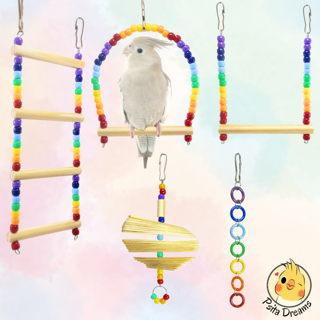 Kit Brinquedos Arco-Íris, calopsita, agapornis, periquito, aves, acessórios para gaiola, poleiro, escada, balanço
