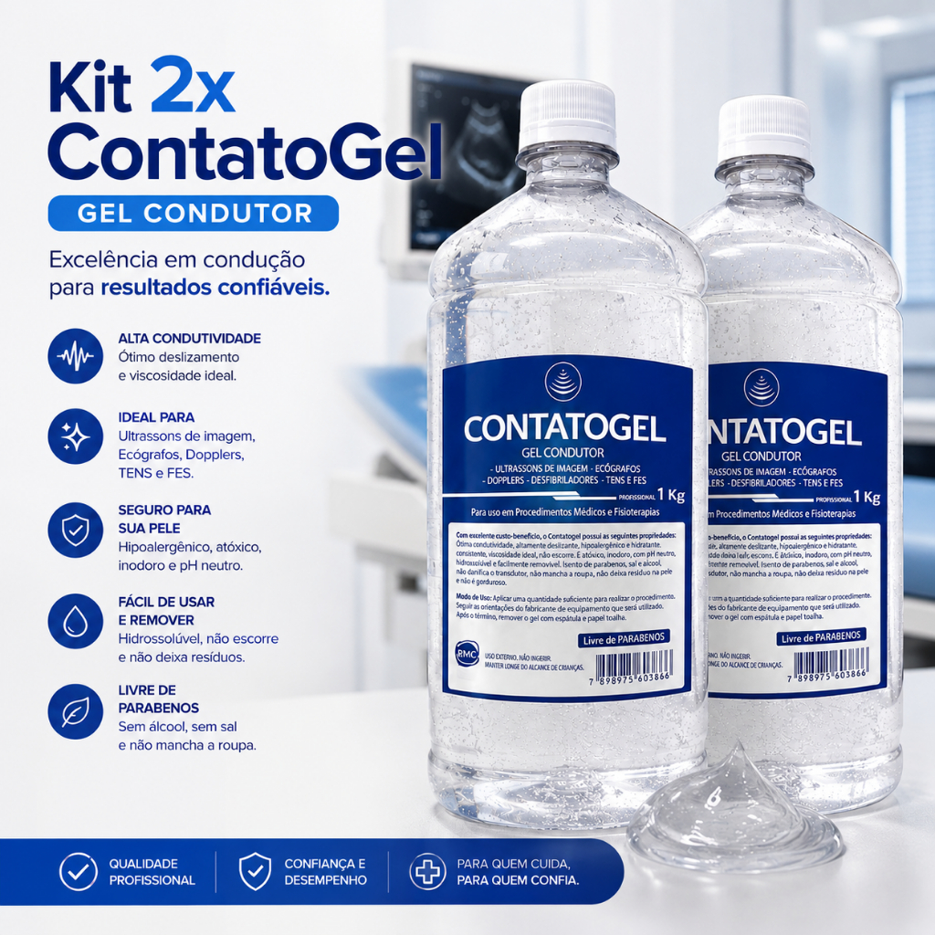 Kit 2x Gel Clinico Contato Condutor Ultrassom Incolor 1kg Frasco RMC Tens Fes