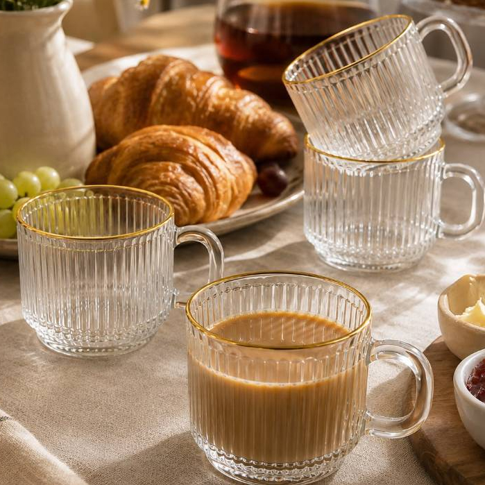 Jogo de Xícaras para Café 90ml Grafiatto com Suporte e Borda Dourada