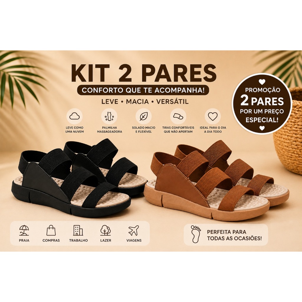 Sandália Ortopédica Feminina Palmilha Anatômica Muito Confortável Kit 2 Pares